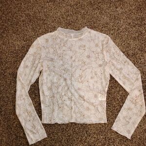 Botanical Print Mesh Top 🌿 Sheer Toile Long Sleeve w/ Lettuce Edge - M